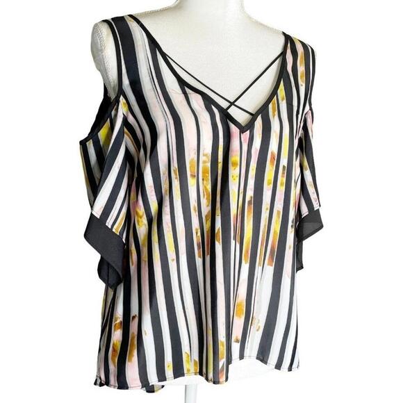 Bisou Bisou Cold Shoulder V-Neck Short Sleeve Striped Floral High-Lo Blouse XS - Picture 1 of 7
